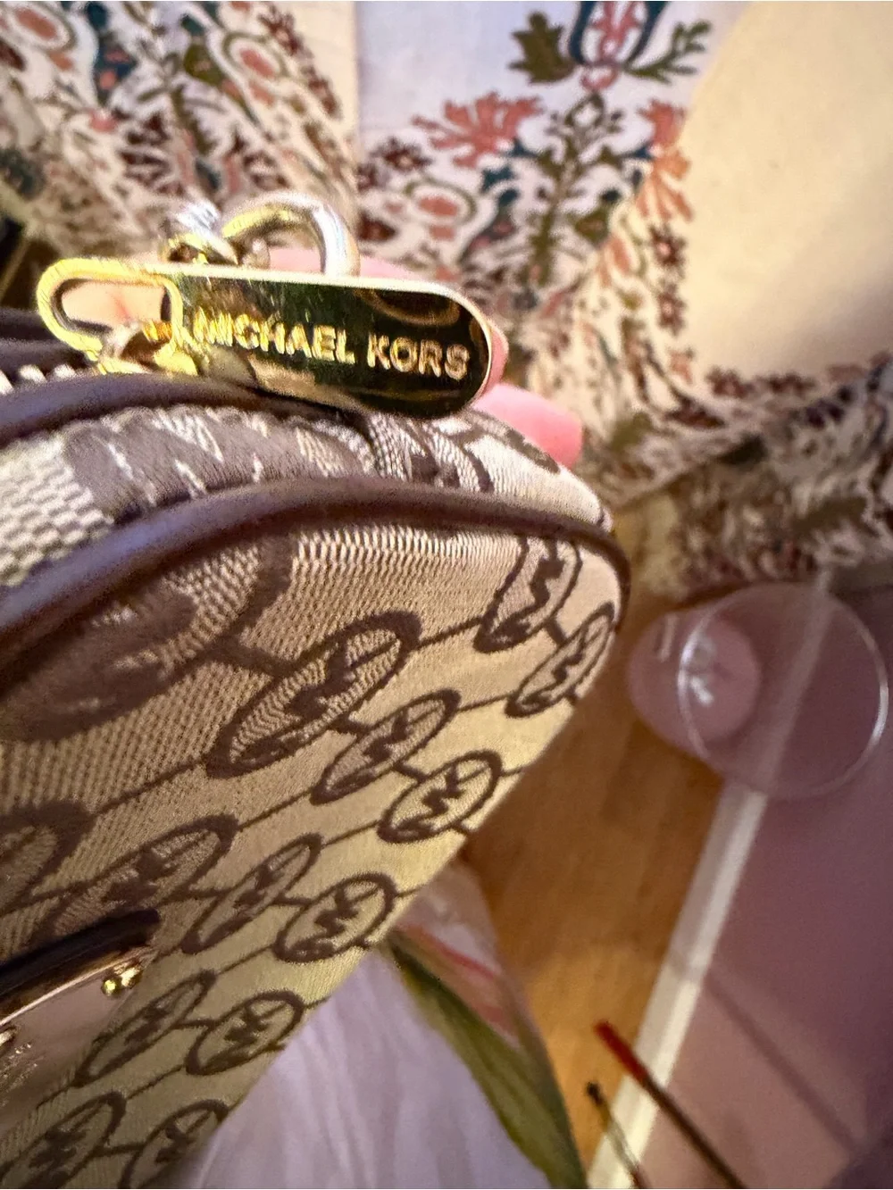 Michael Kors Tan/Brown Signature MK Crossbody with Gold Plate